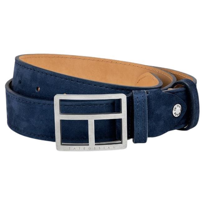 T-Bar Belt in Navy Leather & Brushed Titanium Clasp, Size S For Sale