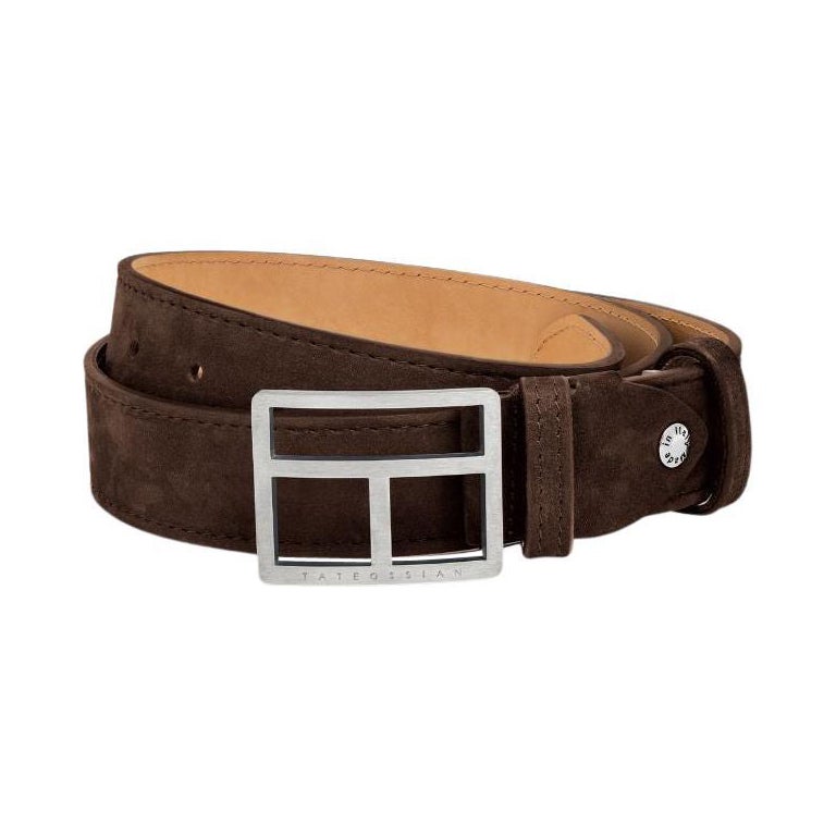 T-Bar-Schnalle-Gürtel aus braunem Leder und gebürstetem Titanverschluss, Größe M im Angebot