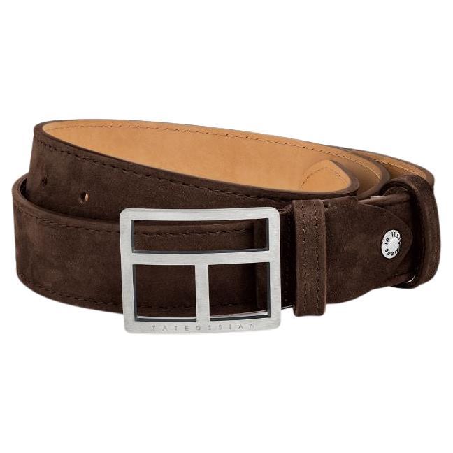 T-Bar Buckle Belt in Brown Leather & Brushed Titanium Clasp, Size S For Sale