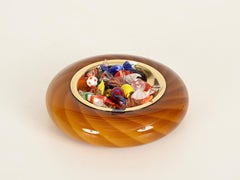 T. Barbi Signed "Sun" Ashtray or Catchall in Murano Glass and Brass, Italy 1970s
