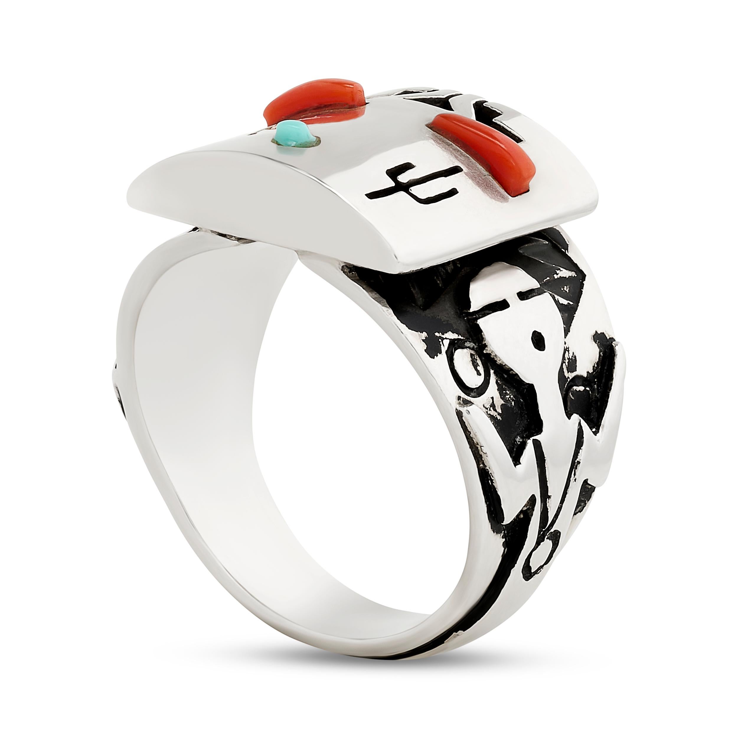This T. Benally ring features a wide silver band showcasing vibrant Native coral and turquoise stones, creating a bold and striking piece of Southwestern-inspired jewelry.

Ring size 9 US.
Ring weighs 7.15 DWT.
Stamped: 