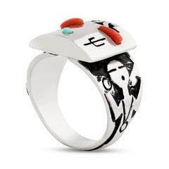T. Benally Silver Native Coral & Turquoise Wide Ring