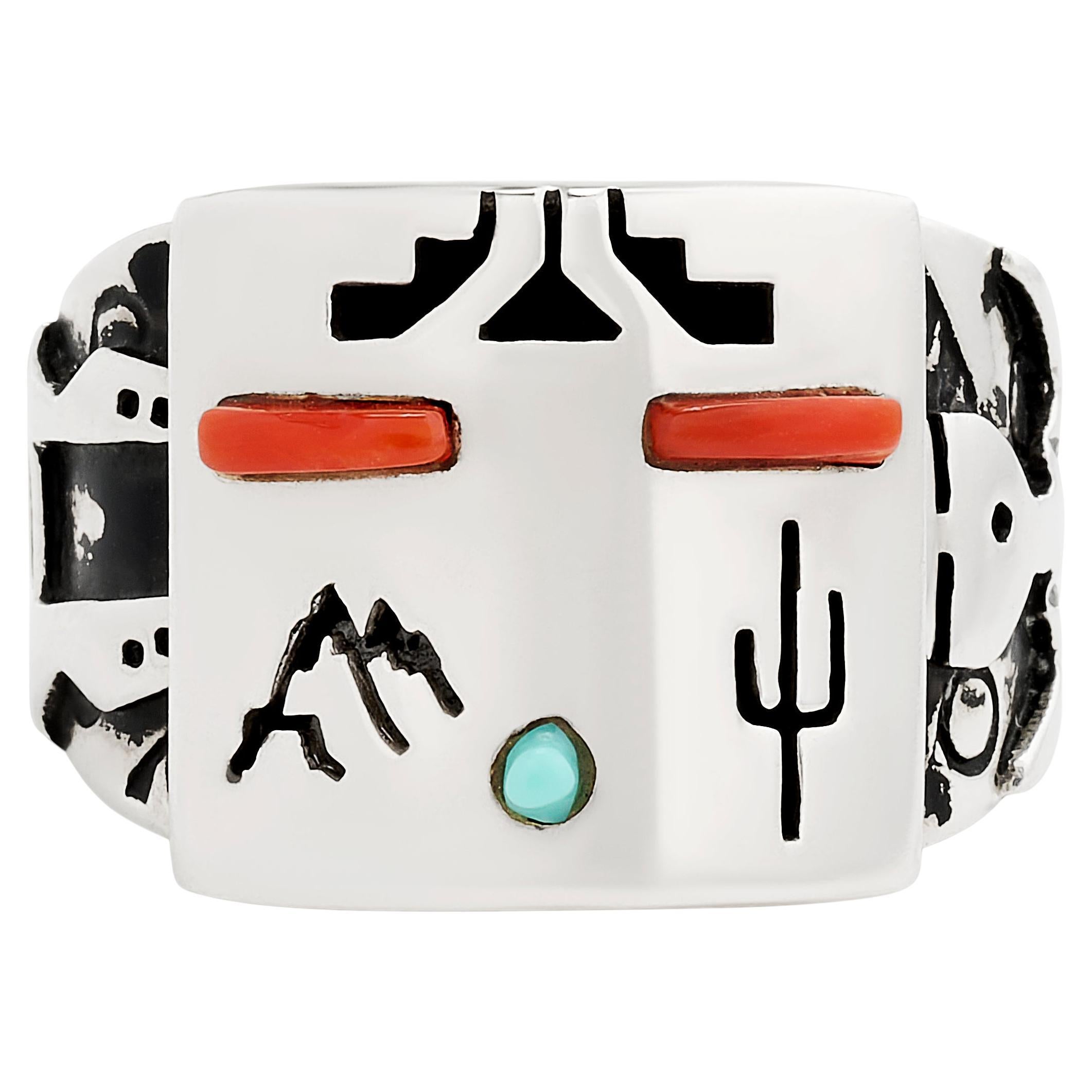 T. Benally Silver Native Coral & Turquoise Wide Ring For Sale