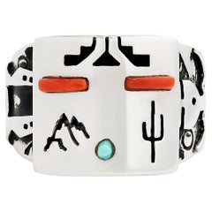 T. Benally Silver Native Coral & Turquoise Bague large