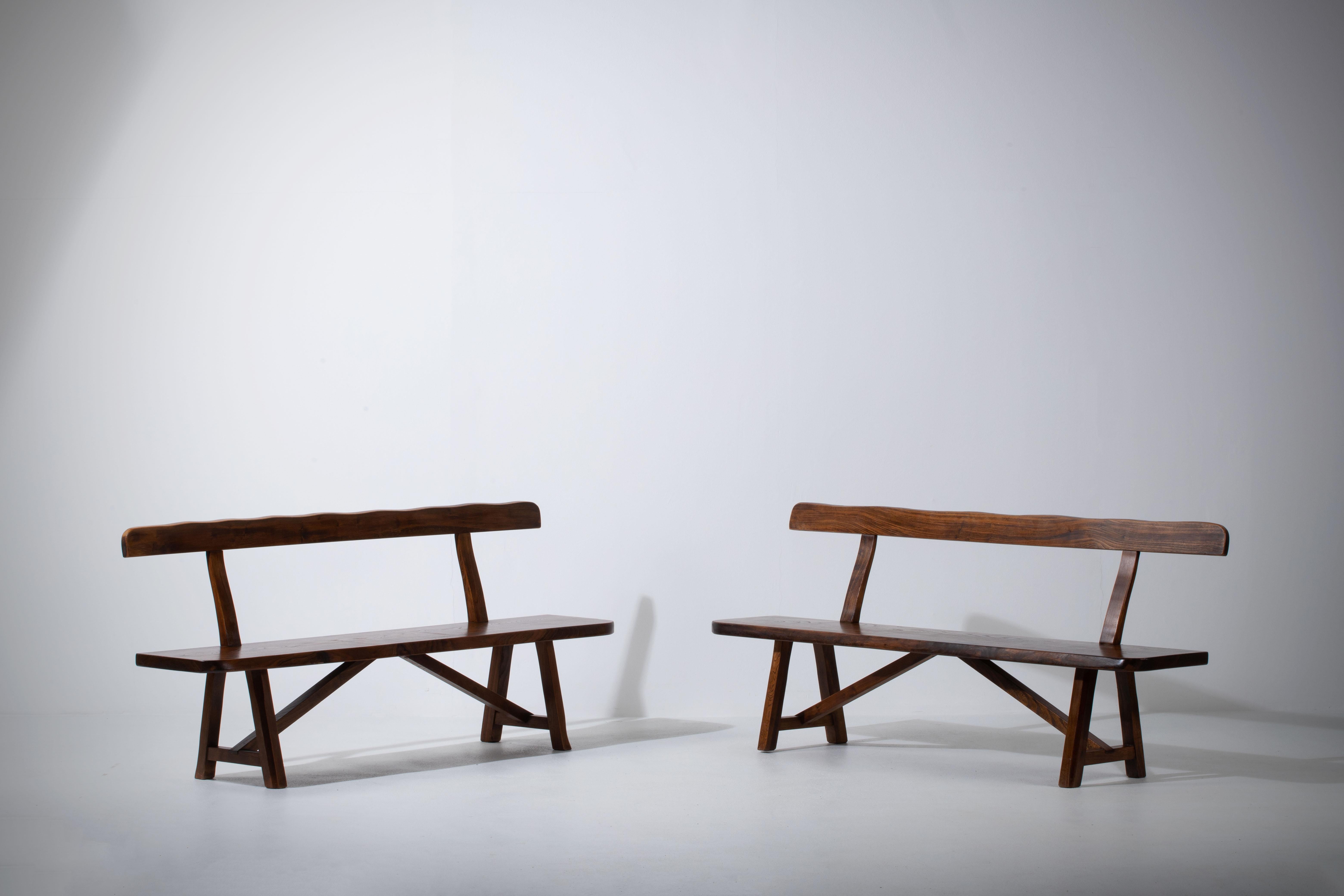 Brutalist elm T bench formerly attributed to Olavi Hanninen, but manufactured by the Aranjou company in Angers, France in the 1960s.