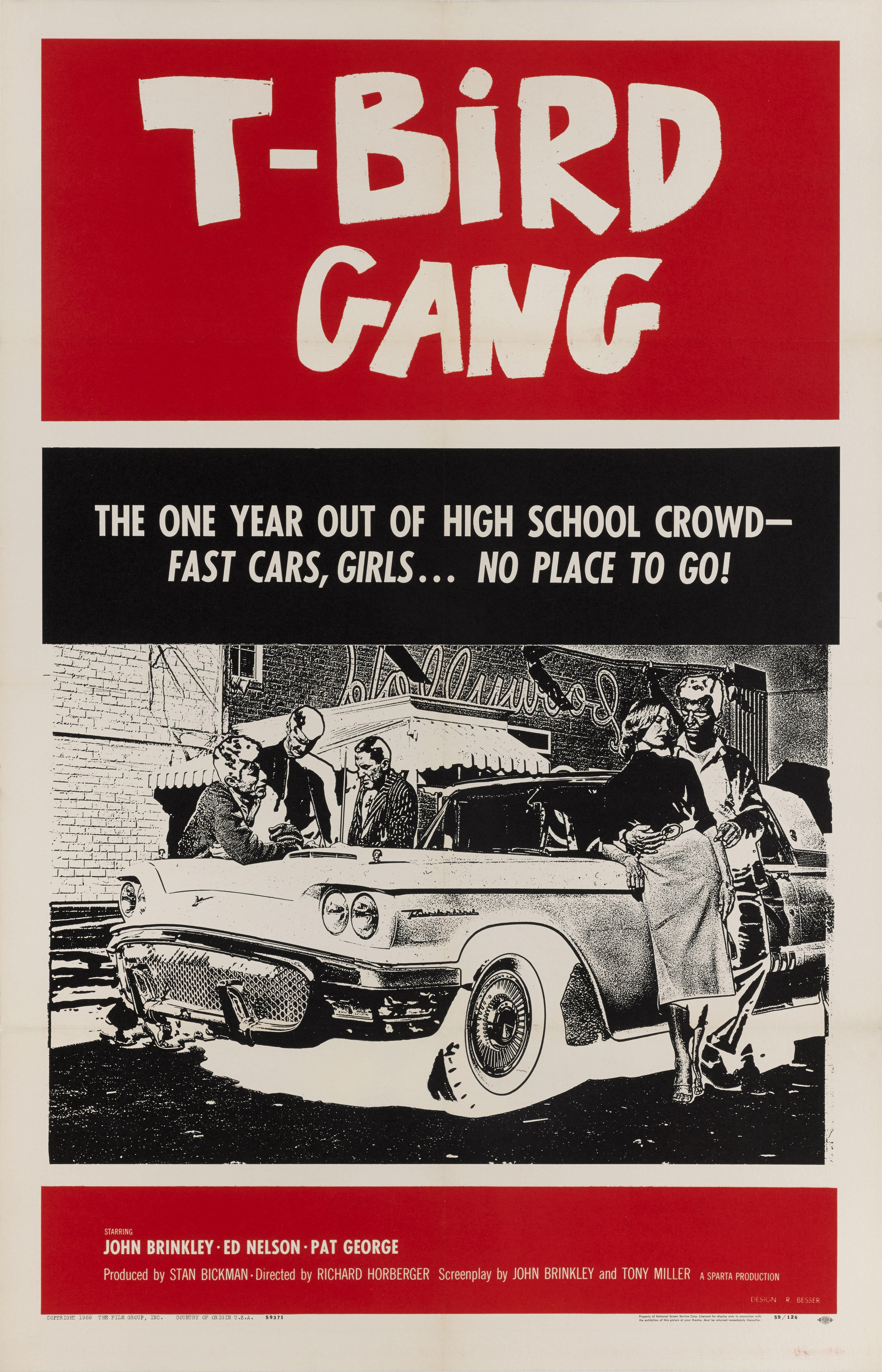 Original US film poster for the 1959 film T-Bird Gang.
The film tells the story of a high school boy who is out to find his father's killer and teams up with a gang of juvenile delinquents to help him.
This film was directed by Richard Harbinger