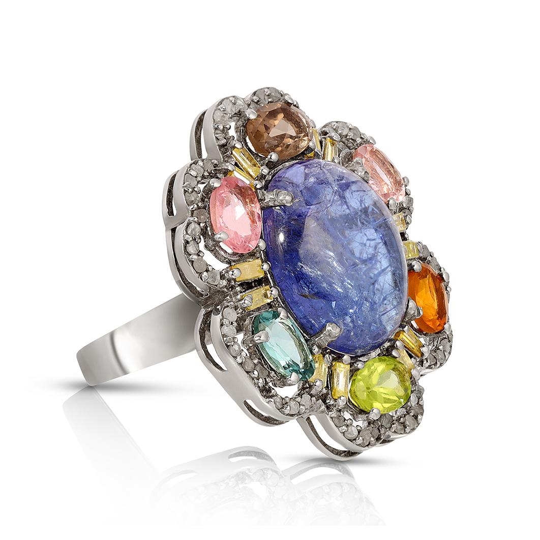 Cabochon T Bloom Diamond Sapphire Cocktail Ring For Sale