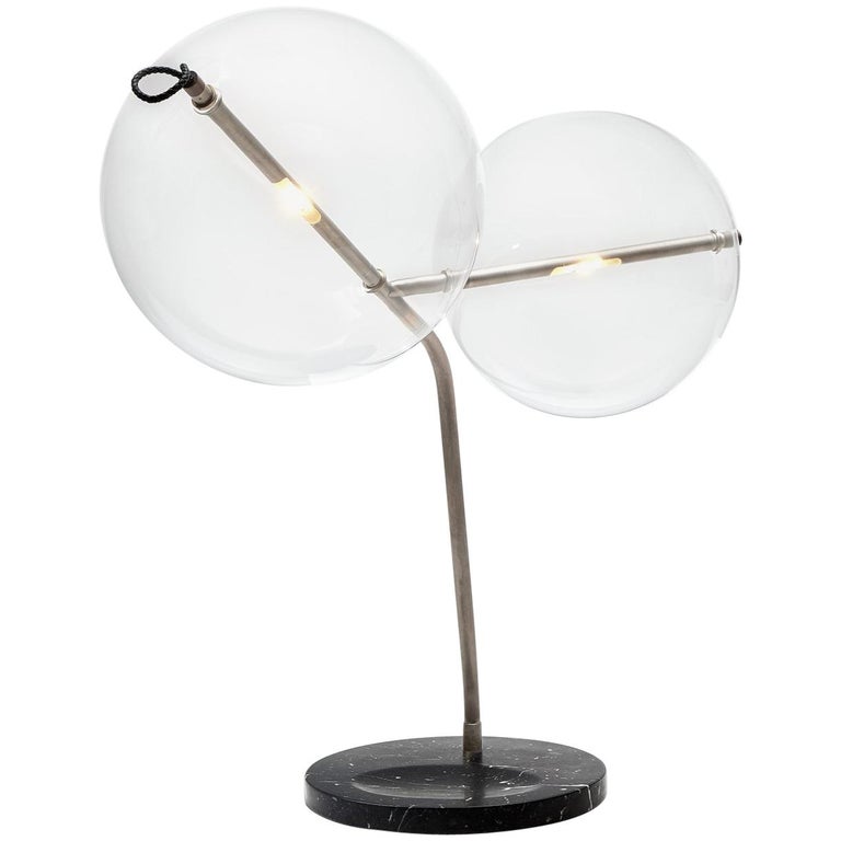 T-Bubble Tarnished Silver Desk / Table Lamp, Brass, Marble, LED Dimmable Sensor For Sale
