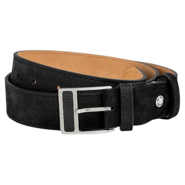 T-Buckle Belt in Black Leather & Brushed Titanium Clasp, Size S
