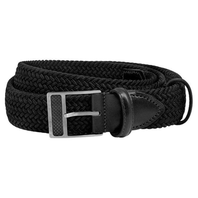 T-Buckle Belt in Black Rayon and Leather & Brushed Titanium Clasp, Size S For Sale