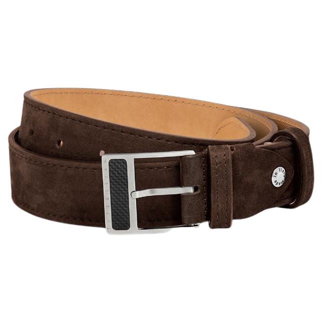 T-Buckle Belt in Brown Leather & Brushed Titanium Clasp, Size S For Sale