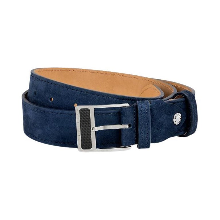 Cintura con fibbia a T in pelle Navy e fibbia in titanio spazzolato, taglia M.