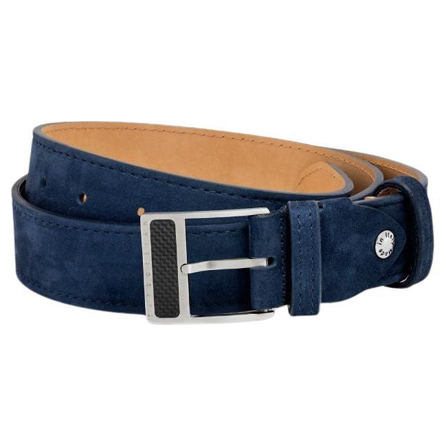 T-Buckle Belt in Navy Leather & Brushed Titanium Clasp, Size S