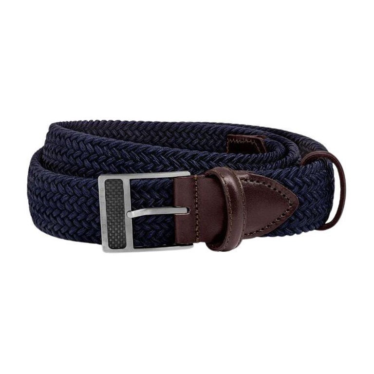 Cintura con fibbia a T in rayon navy e pelle e fibbia in titanio spazzolato, taglia L