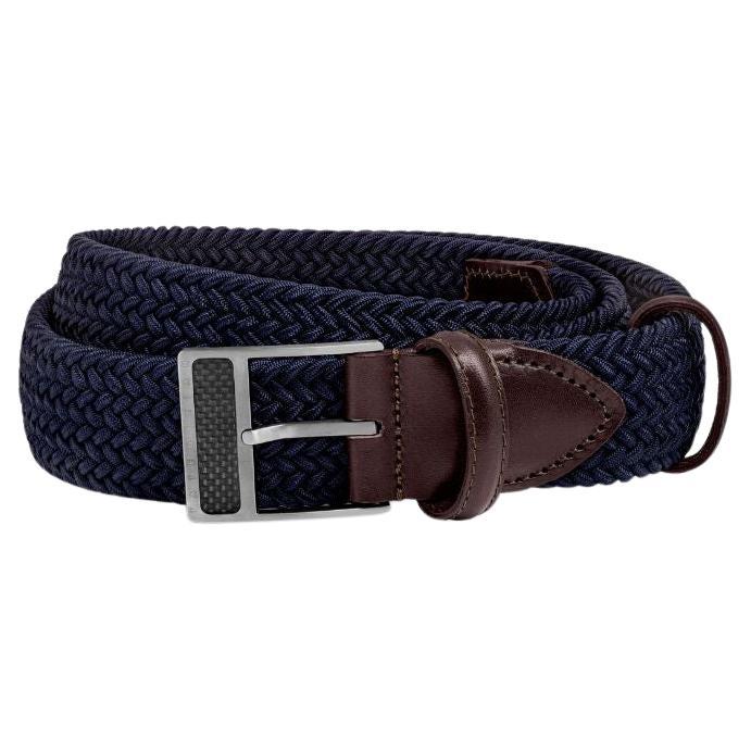 T-Buckle Belt in Navy Rayon and Leather & Brushed Titanium Clasp, Size S