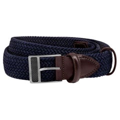 T-Buckle Belt in Navy Rayon and Leather & Brushed Titanium Clasp, Size S