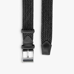 T-Buckle Belt in Woven Black Leather & Brushed Titanium Clasp, Size S