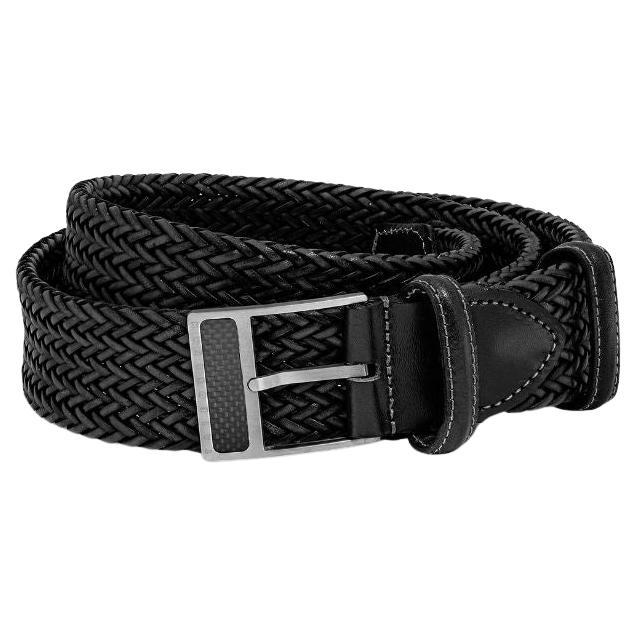 T-Buckle Belt in Woven Black Leather & Brushed Titanium Clasp, Size S For Sale