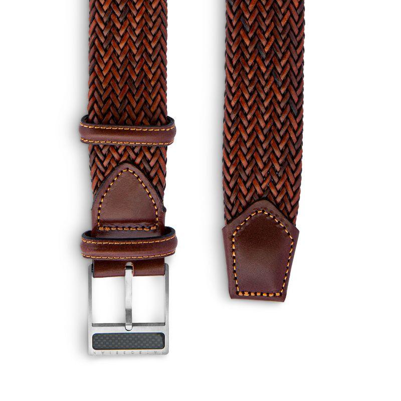 T-Buckle Belt in Woven Brown Leather & Brushed Titanium Clasp, Size L

Our unique collection of belt buckles has been designed with every gentleman in mind. For the more adventurous gentleman, this unique titanium buckle features an inlay of carbon