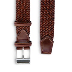 T-Buckle Belt in Woven Brown Leather & Brushed Titanium Clasp, Size L
