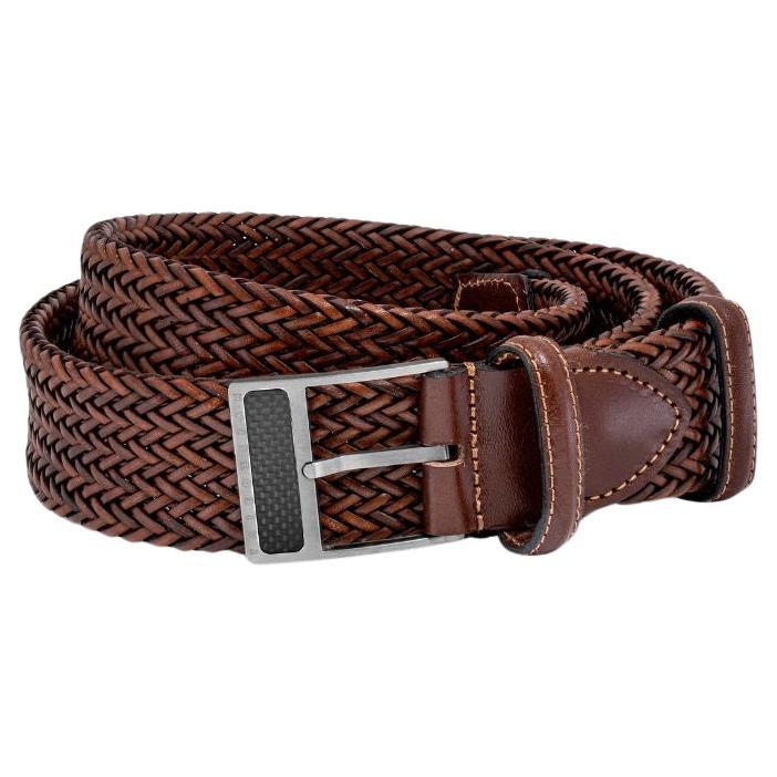T-Buckle Belt in Woven Brown Leather & Brushed Titanium Clasp, Size S For Sale
