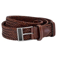 T-Buckle Belt in Woven Brown Leather & Brushed Titanium Clasp, Size S