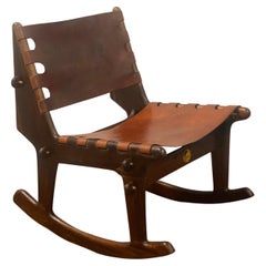 T. Caivinagua Rosewood and Cognac Hard Leather Rocking Chair