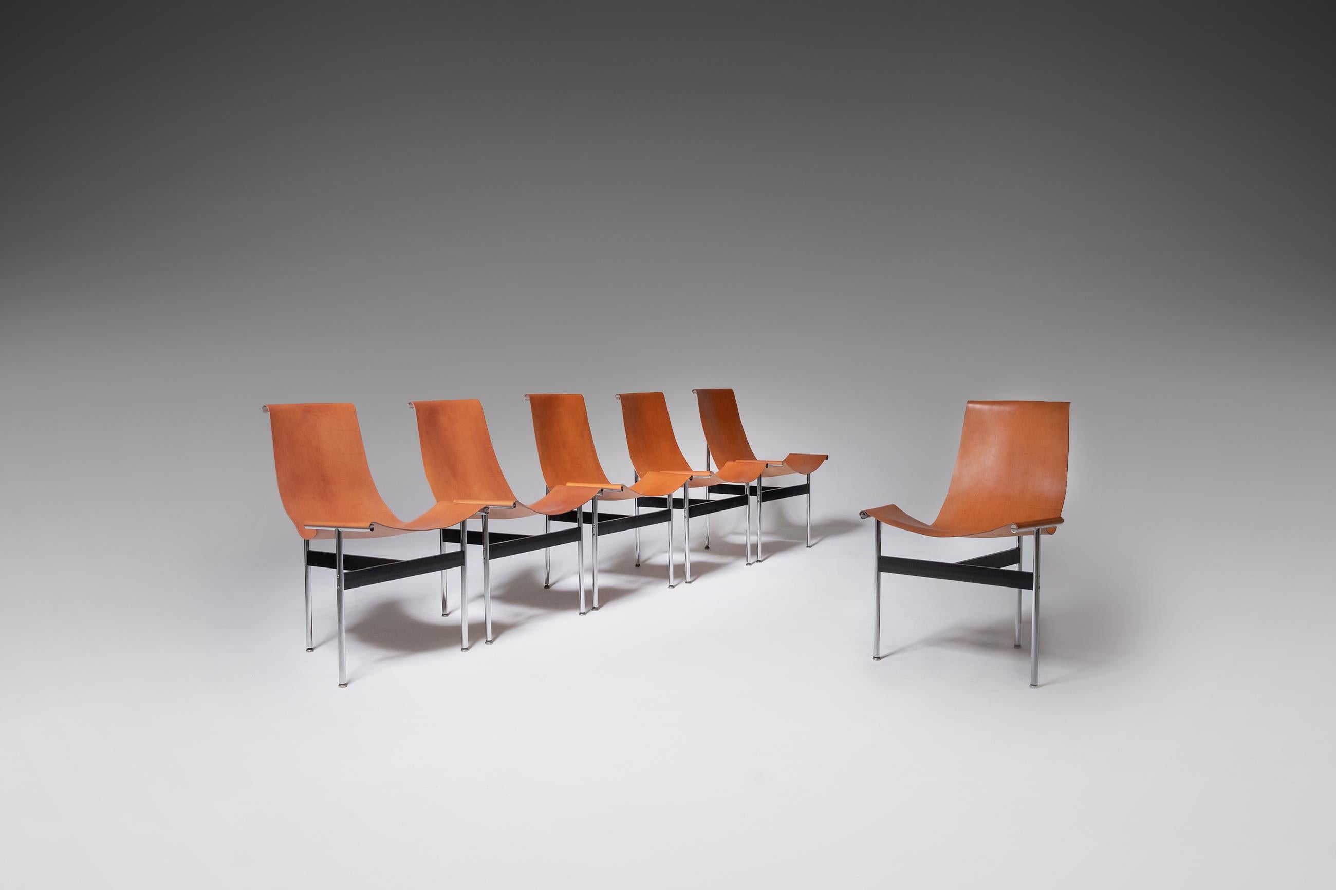 Set of six T-chairs dining chairs by William Katavolos, Ross Littell and Douglas Kelley, 1952. This is the European production; produced by ICF De Padova, the American production was made by Laverne International. Very strong sculptural and