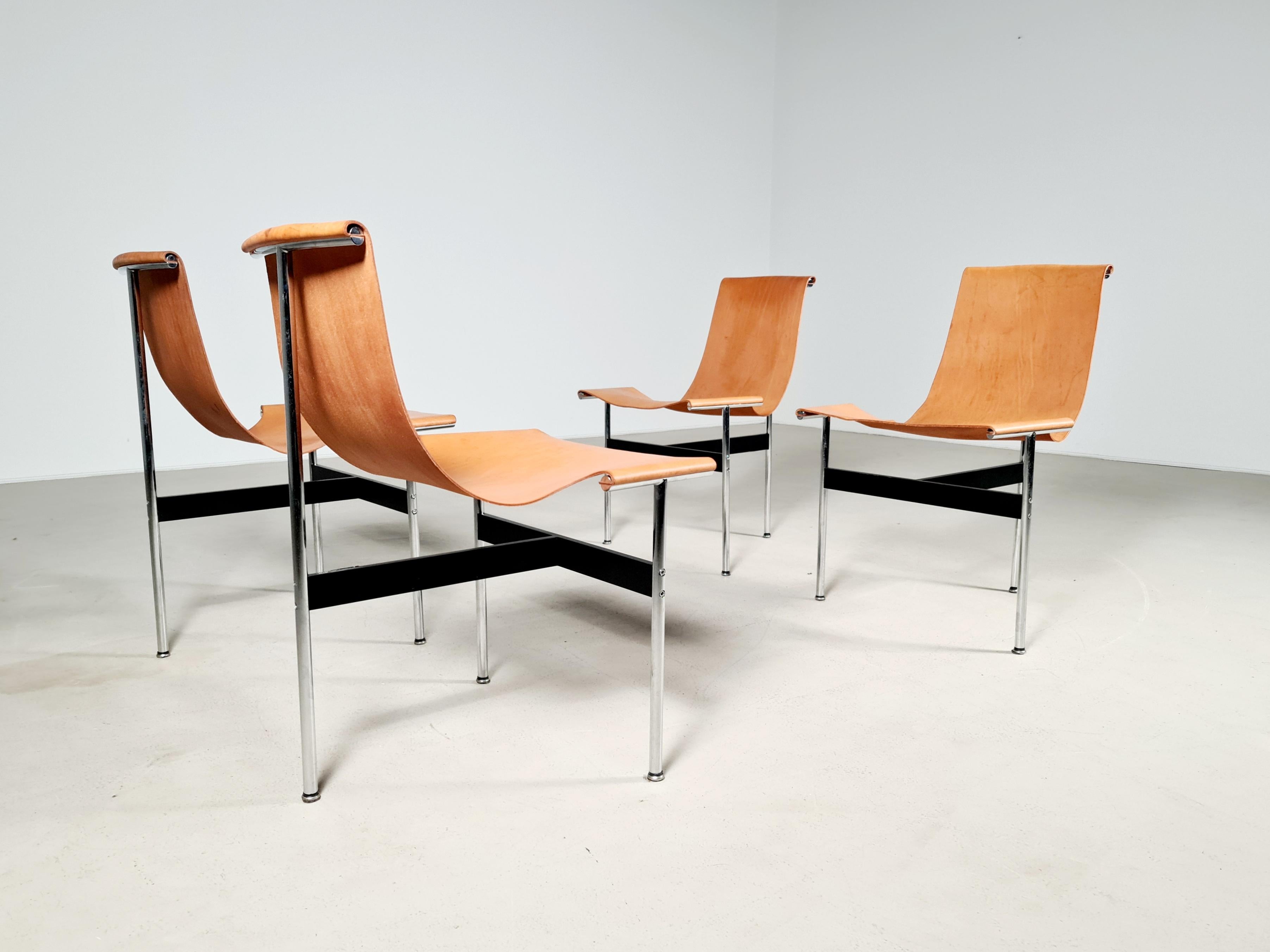 T-chairs in chrome-plated and enameled steel with original black leather sling, designed by William Katavolos, Ross Littell, and Douglas Kelley. A cornerstone of the acclaimed Laverne International 