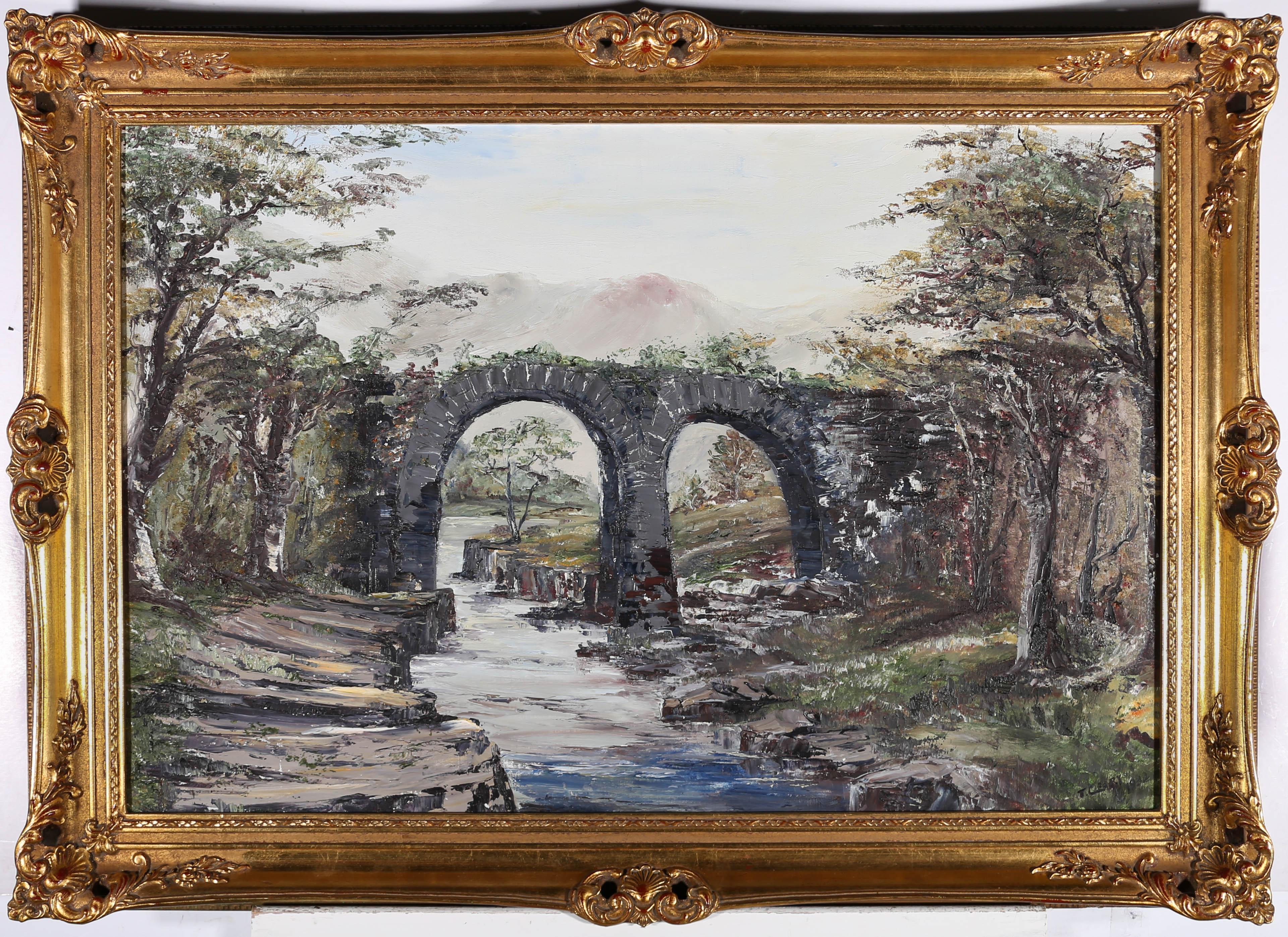 A striking impasto oil from the 20th Century showing an arched stone viaduct across a river in a rocky landscape. The artist has signed and dated to the lower right corner and the painting has been presented in a contemporary gilt frame with swept