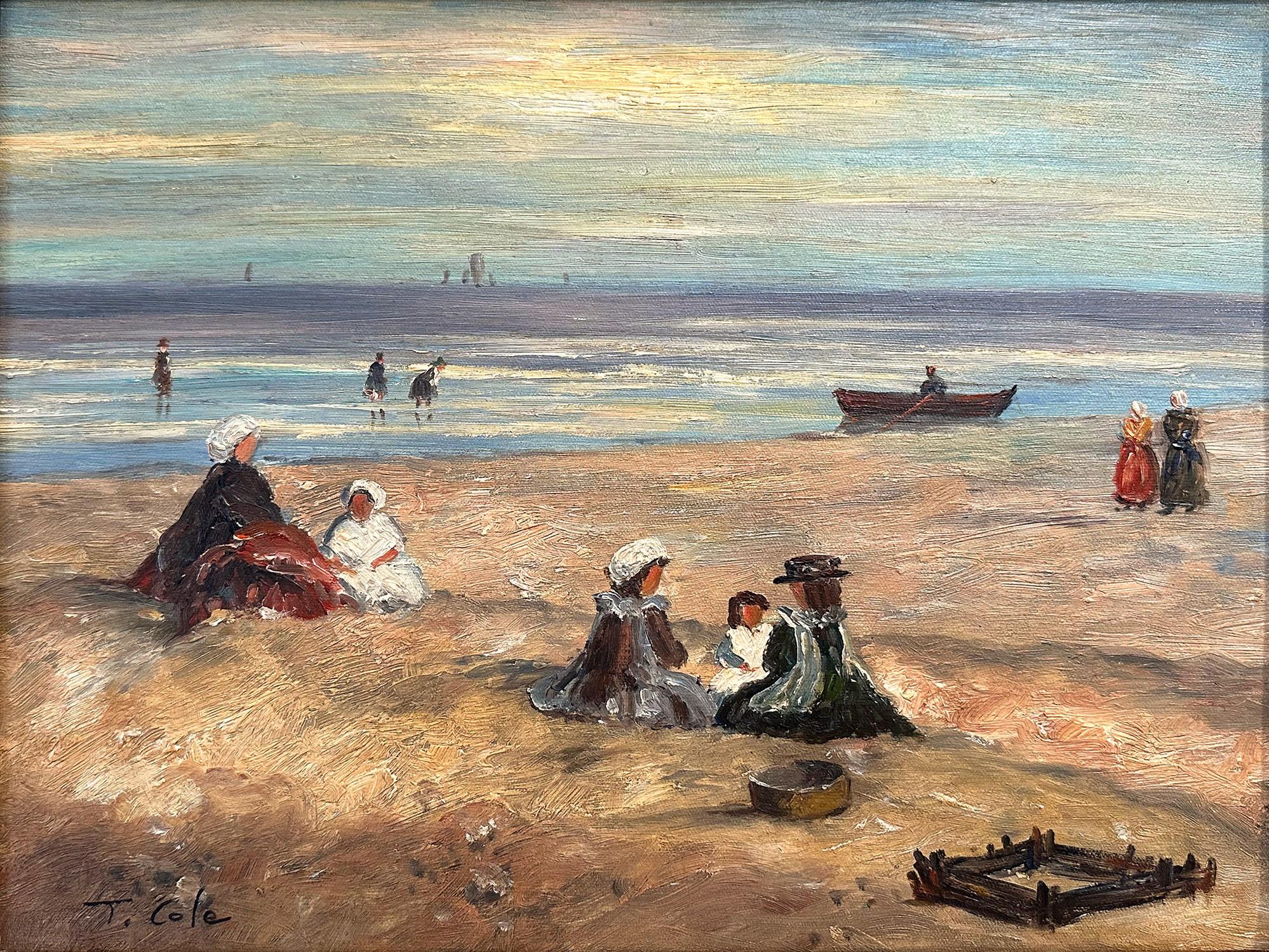 A stunning oil painting beach scene depicting figures on the sand on a sunny day in the 20th Century. The vibrant colors and impressionistic brushwork is done with both detail and precision. The figures are depicted with bold impressions and the