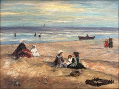 "Beach Scene With Figures" 20th Century British Impressionist Oil Painting