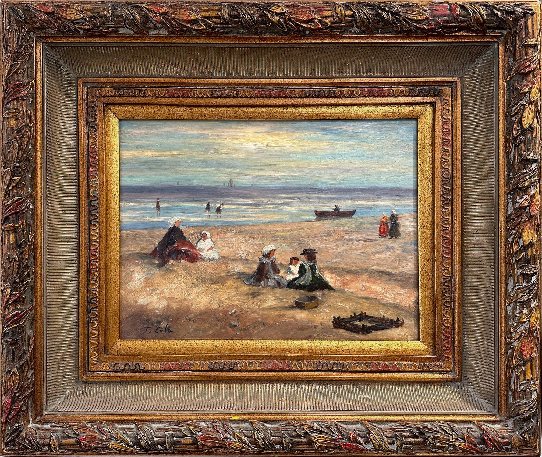 T. Cole Landscape Painting - "Beach Scene With Figures" 20th Century British Impressionist Oil Painting