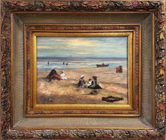 "Scena di spiaggia con figure" Pittura a olio impressionista britannica del XX secolo