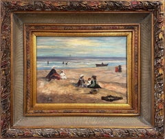 "Beach Scene With Figures" 20th Century British Impressionist Oil Painting