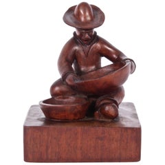 T. D. Somes "Man with Two Bowls" Mahogany Folk Art Table Sculpture, circa 1930