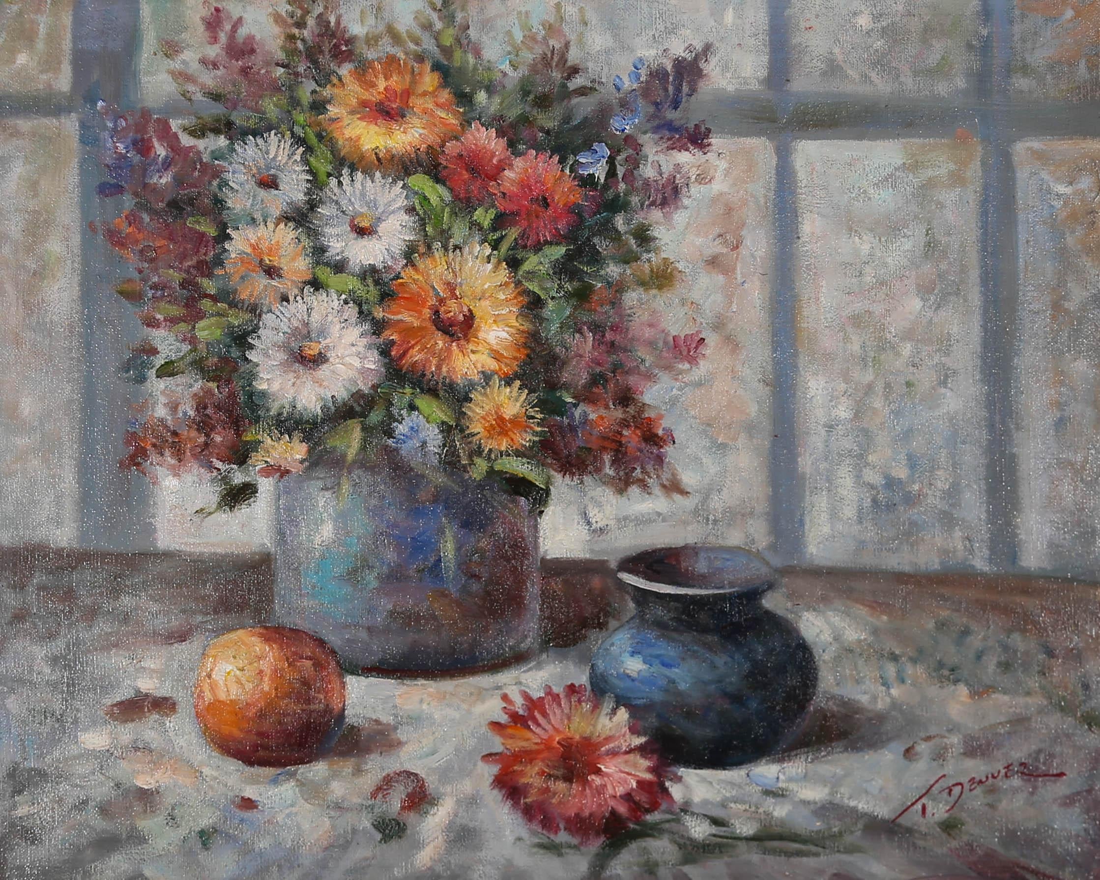 T. Denver - Olio del XX secolo, Fiori misti con vaso blu 1