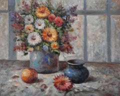 T. Denver - 20th Century Oil, Mixed Flowers with Blue Vase
