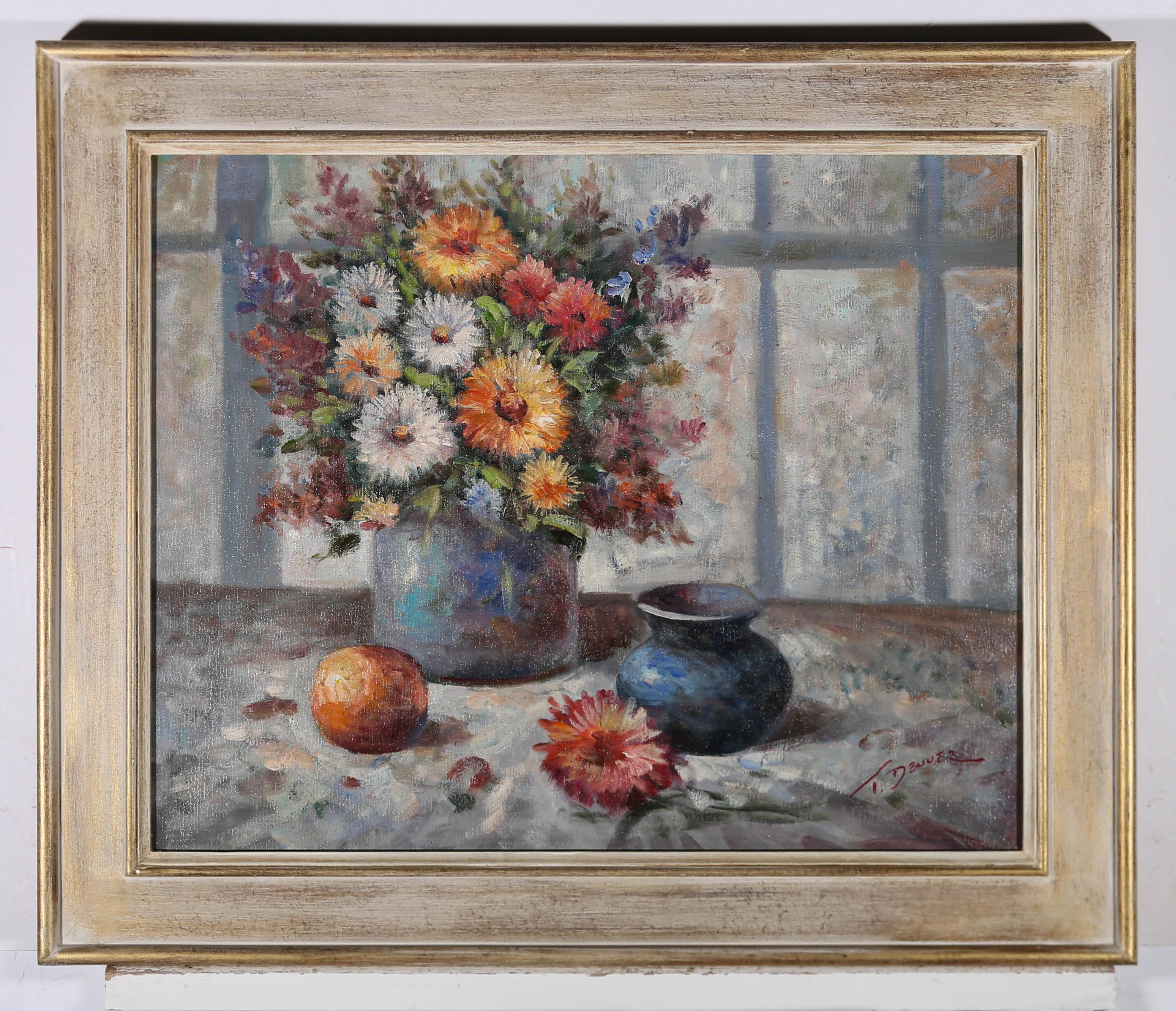 T. Denver - Olio del XX secolo, Fiori misti con vaso blu 2