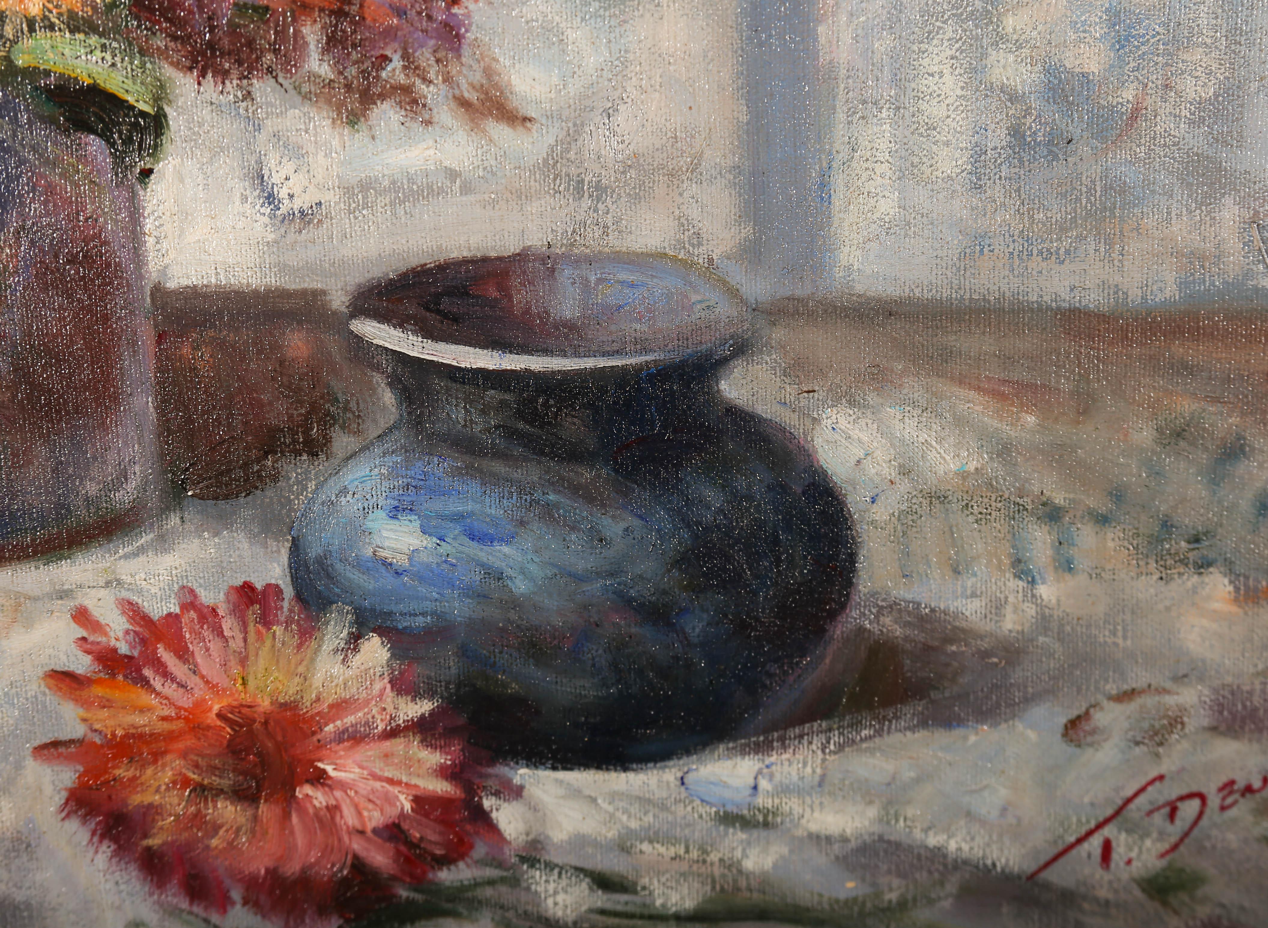 T. Denver - Olio del XX secolo, Fiori misti con vaso blu 4