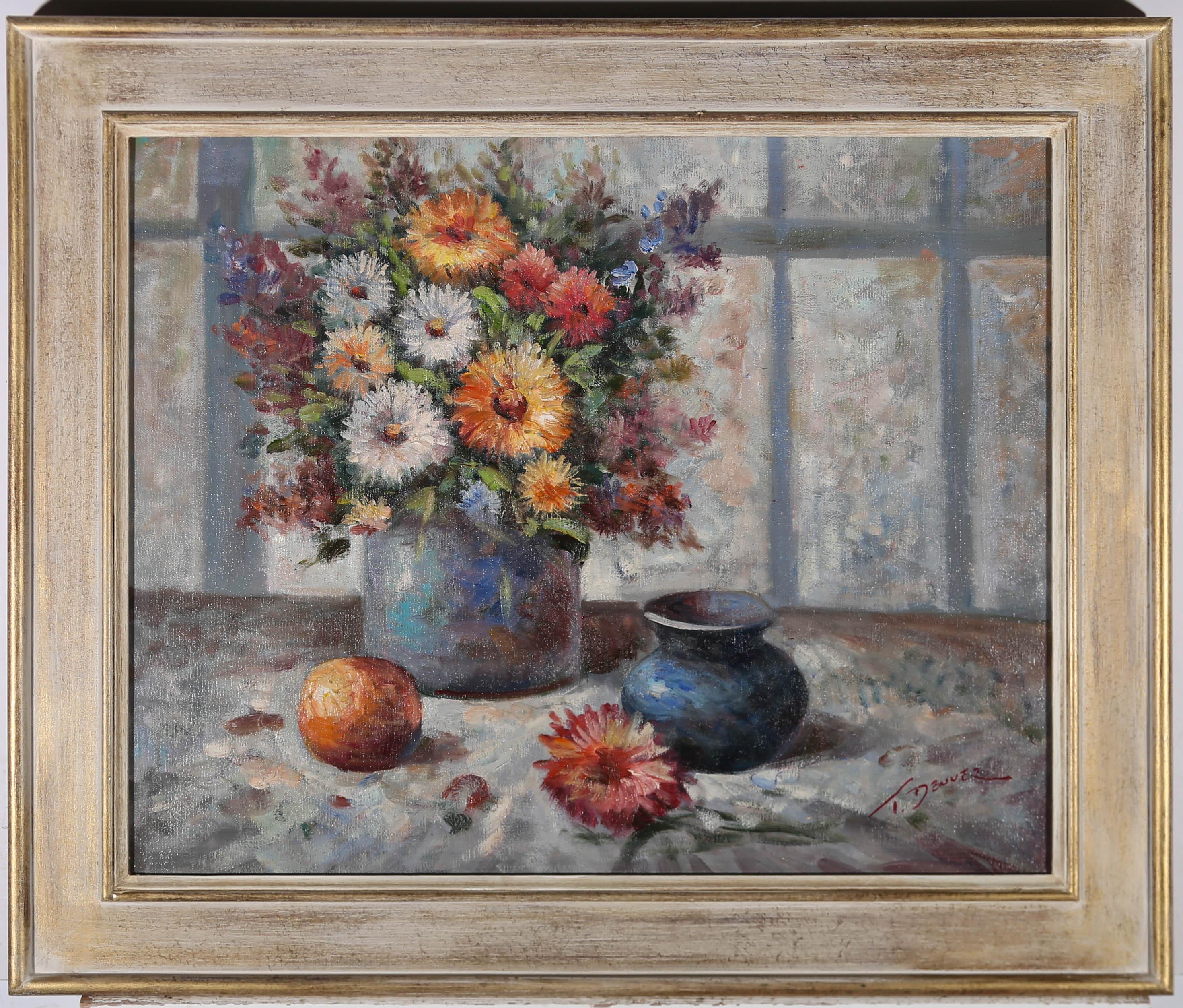 T Denver T Denver 20th Century Oil Mixed Flowers With Blue Vase 