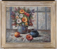 T. Denver - Olio del XX secolo, Fiori misti con vaso blu