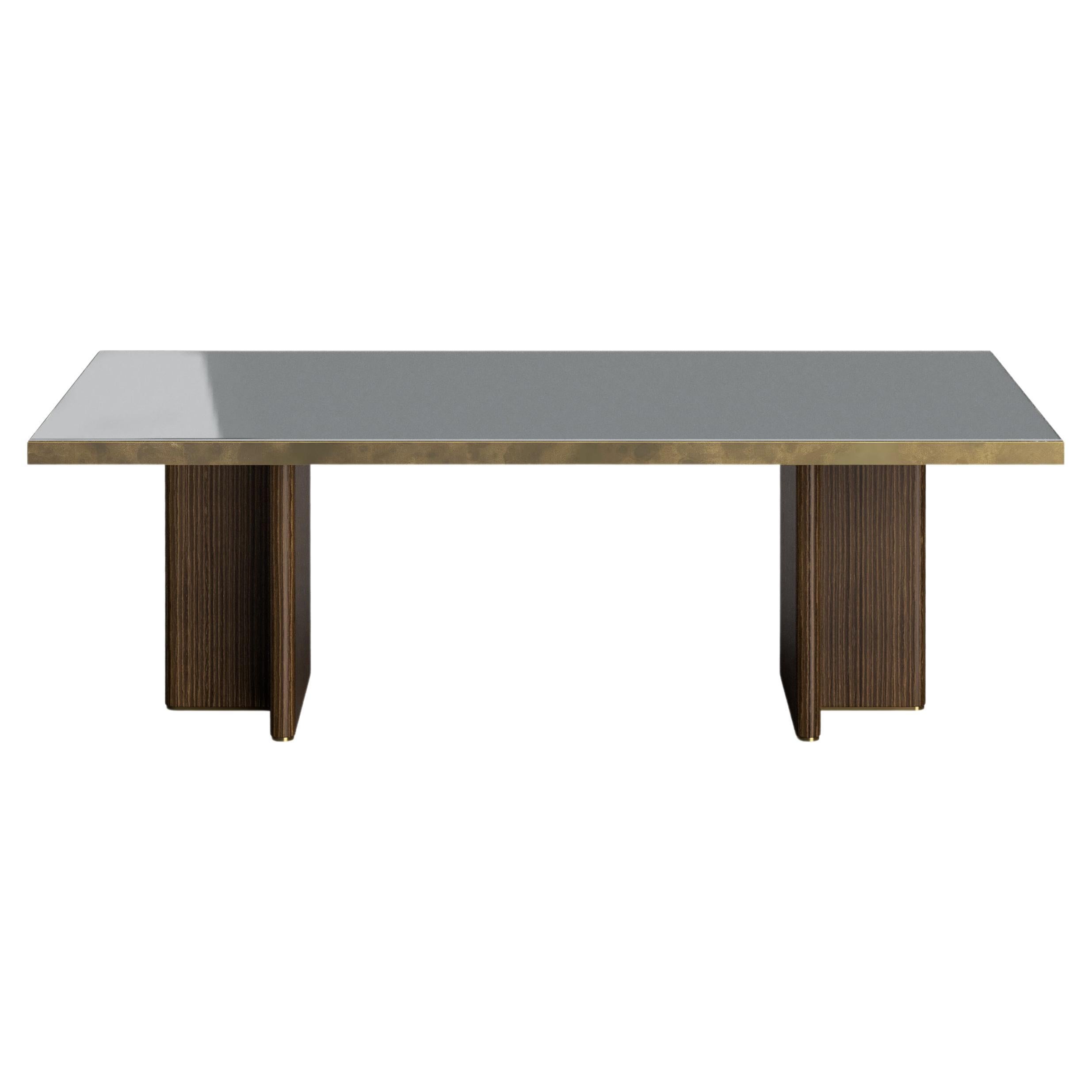 Dining Table, Back Painted Glass Top with Brass Frame, Oak Base 