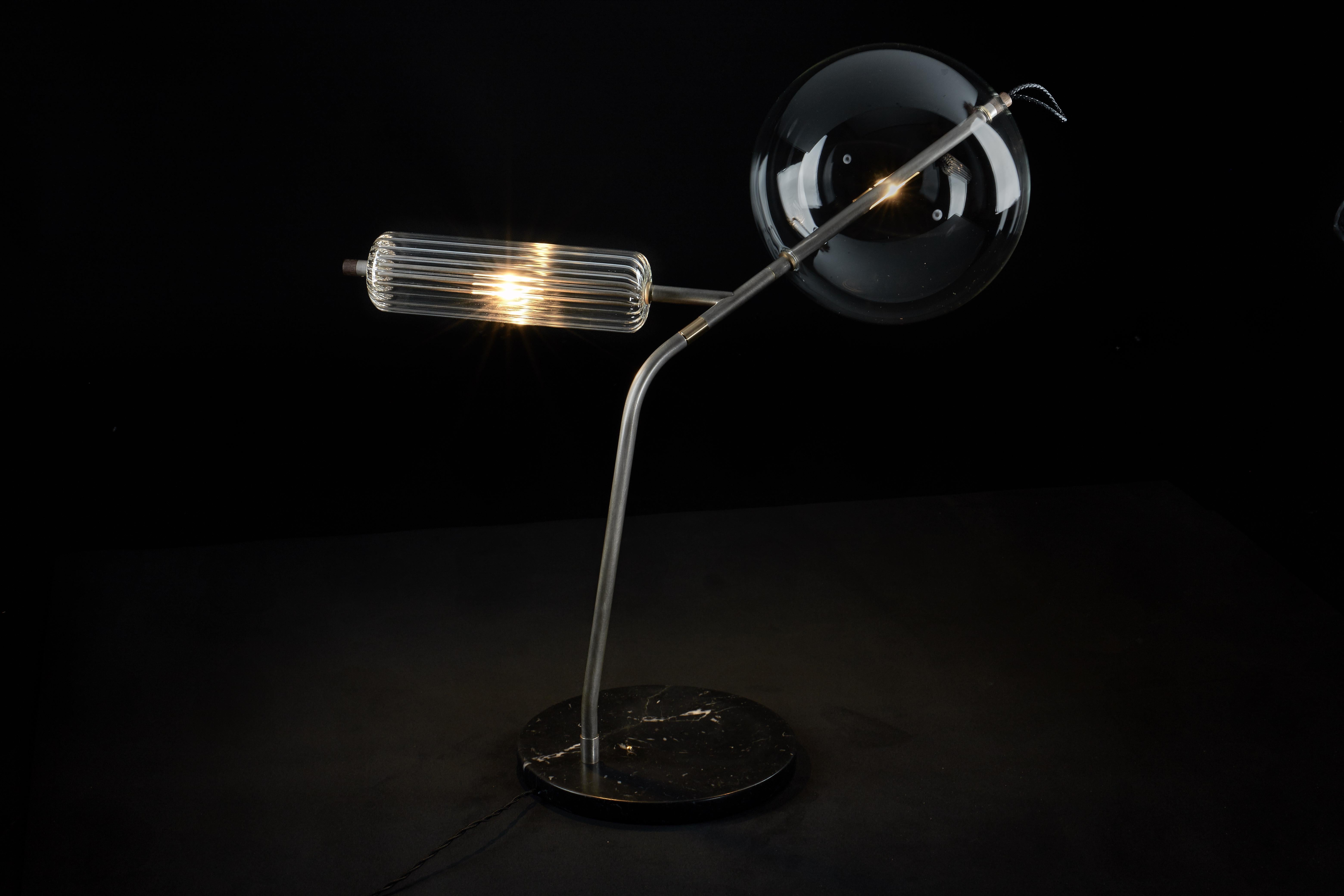 Contemporary T-Double Tarnished Silver Desk / Table Lamp Adjustable, Dimmable, Brass, Marble