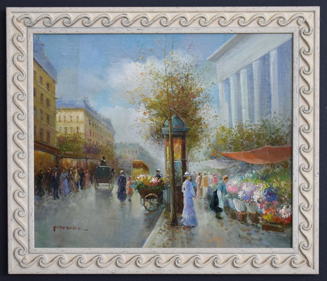 FRENCH STREET SCENE POSSIBLY PARIS FLOWER VENDORS - Painting by T.E. Pencke