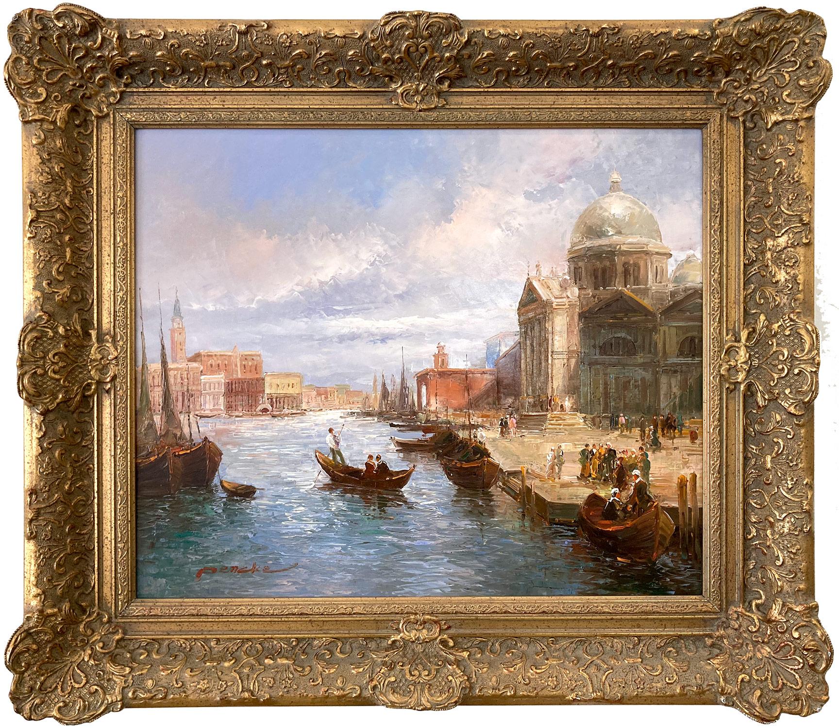Landscape Painting de T.E. Pencke - "Vista del canal de Venecia" Pintura al óleo orientalista postimpresionista sobre lienzo