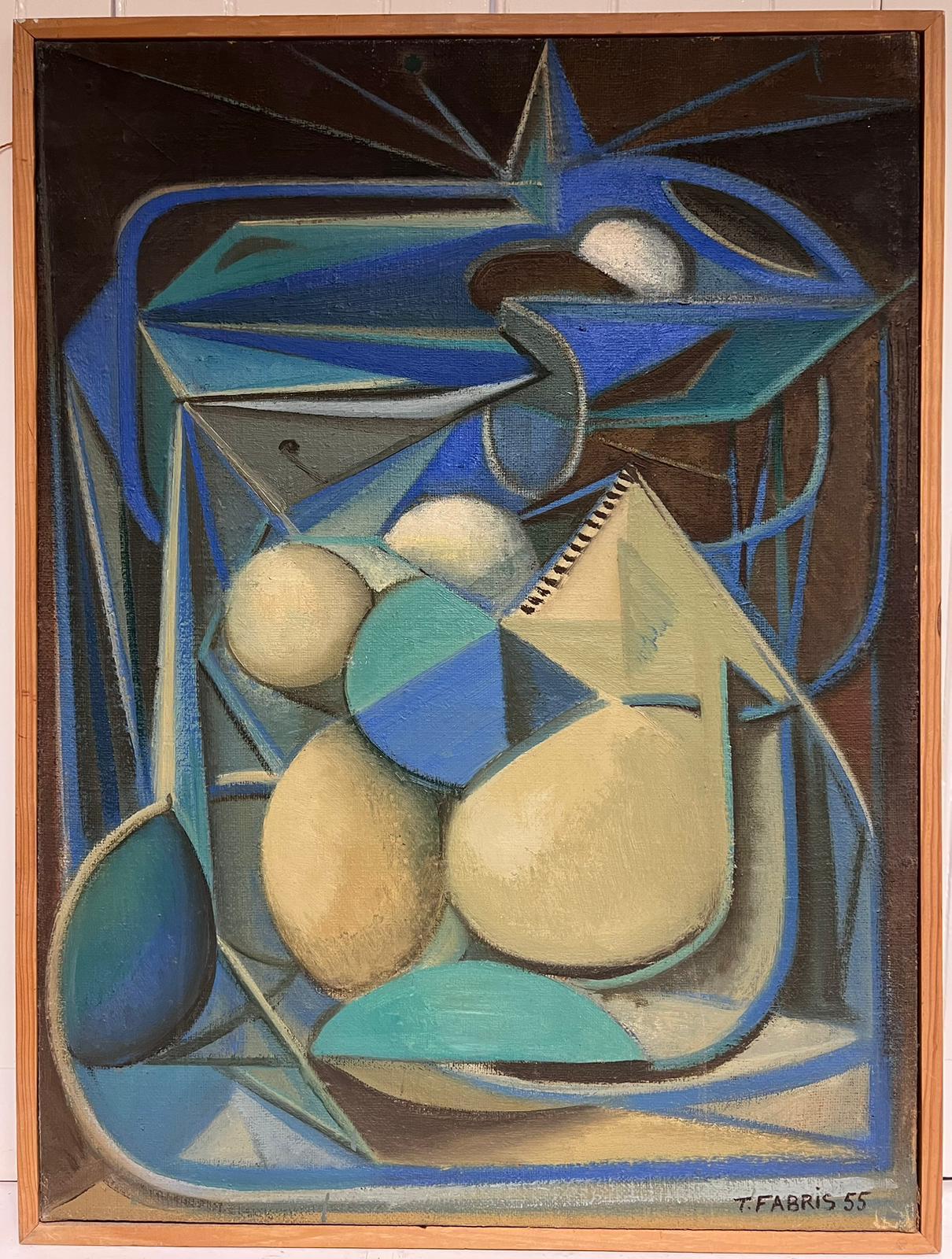 1950's Französisch Surrealist signiert Ölgemälde Kubistisch Blau Grün Creme Abstrakt – Painting von T. Fabris