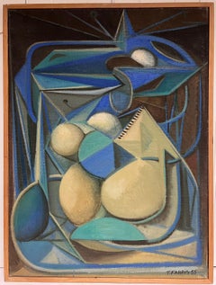 1950’s French Surrealist Signed Oil Painting Cubist Blue Green Cream Abstract