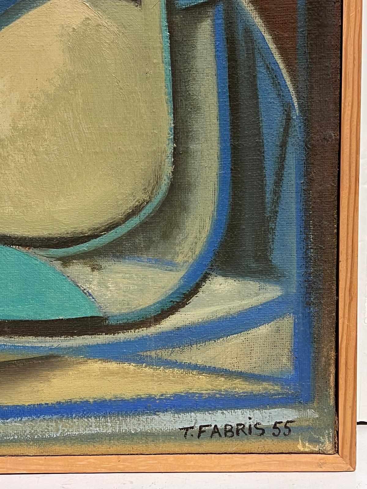 1950’s French Surrealist Signed Oil Painting Cubist Blue Green Cream Abstract For Sale 2