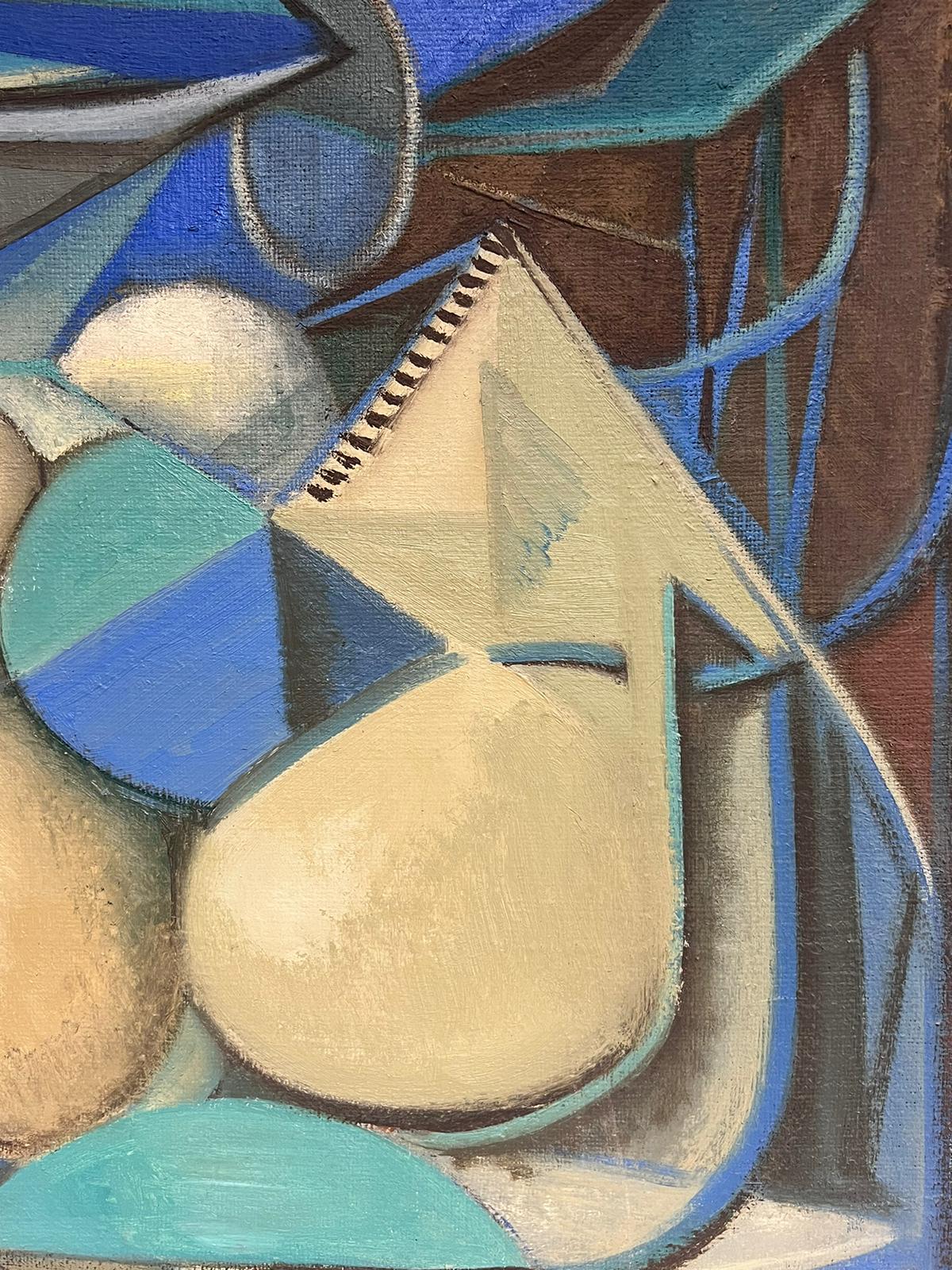 1950’s French Surrealist Signed Oil Painting Cubist Blue Green Cream Abstract For Sale 3
